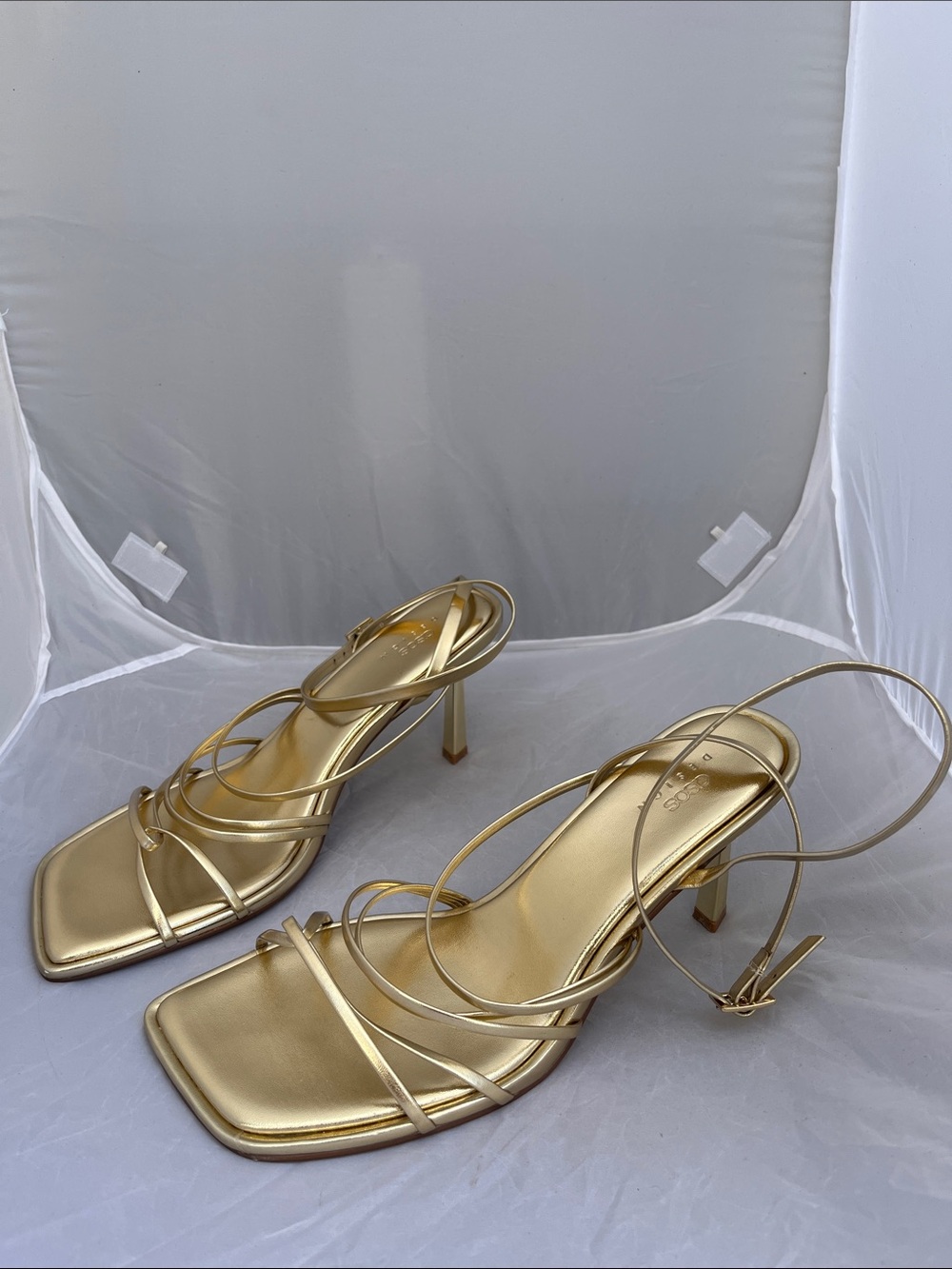 ASOS Design Metallic Gold Strappy Square Toe Heels - Size 10